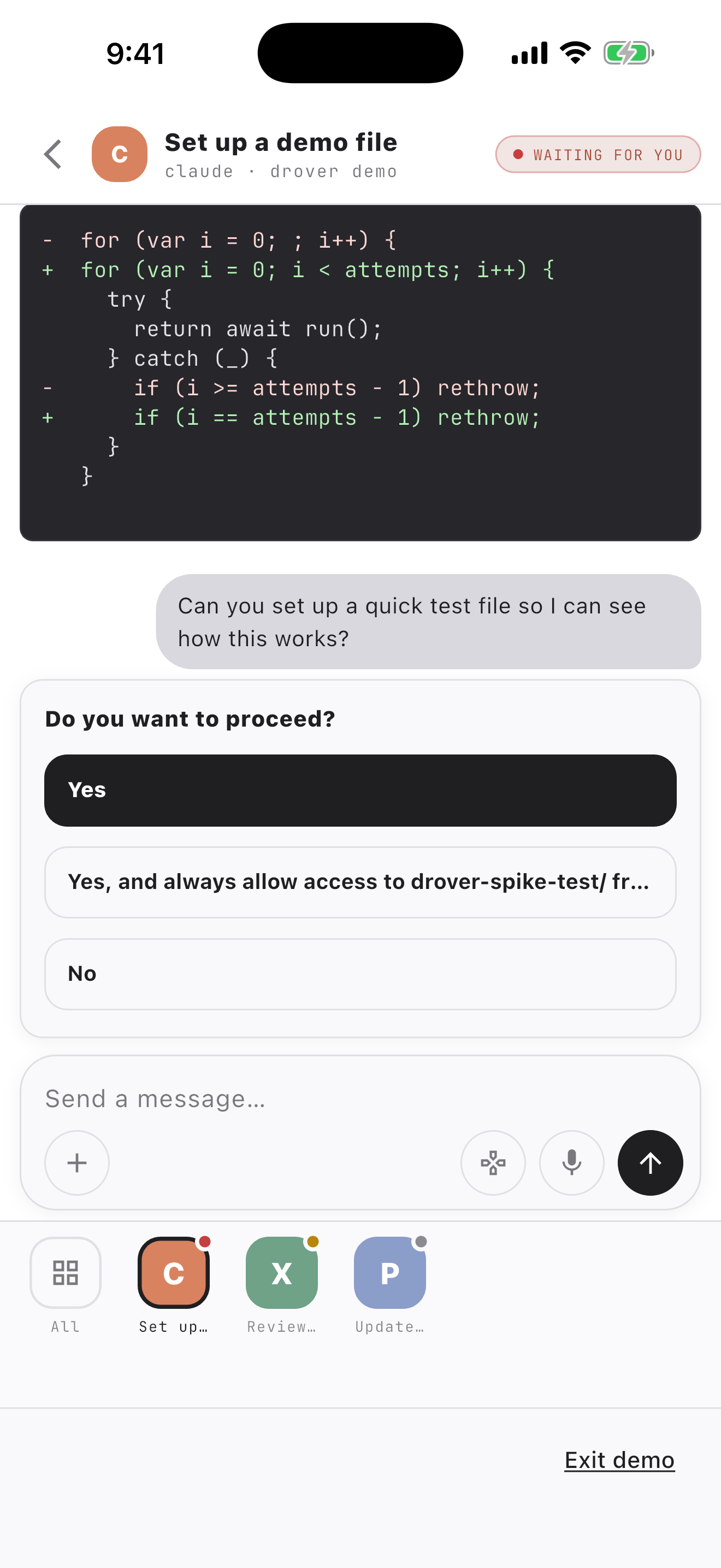 A permission prompt rendered as tappable buttons