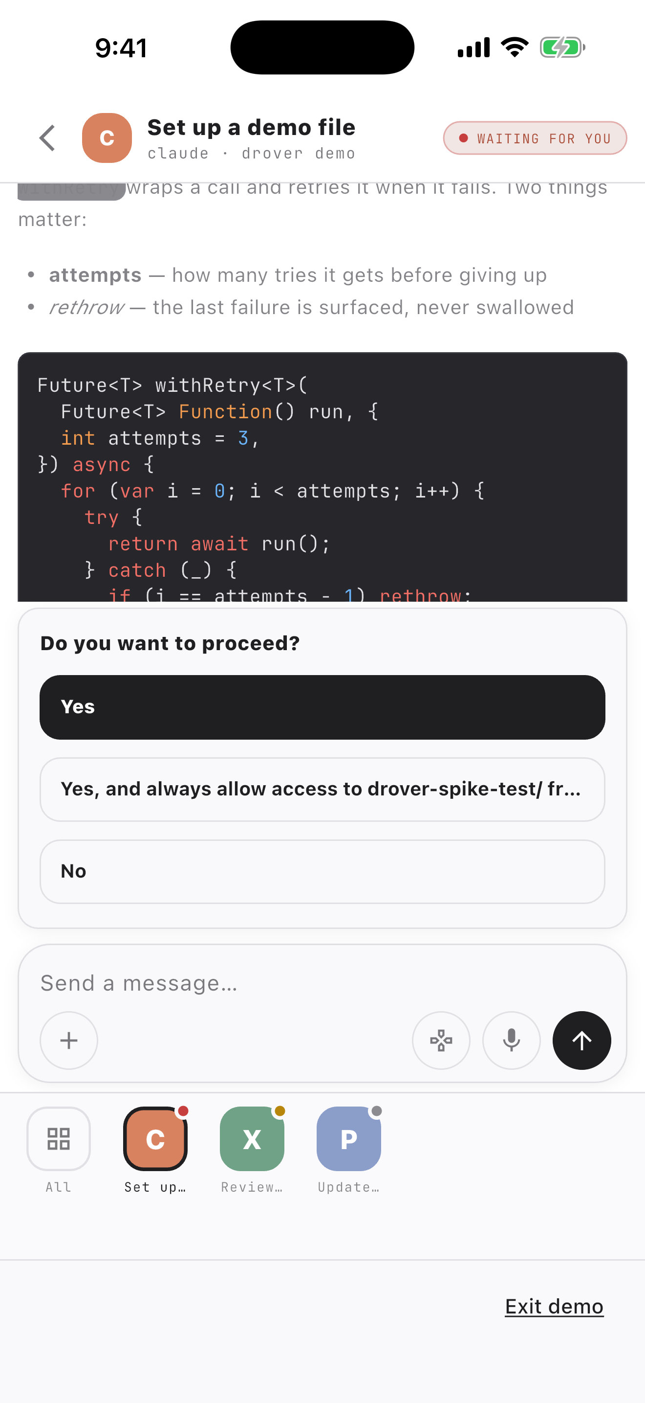 The transcript screen, showing markdown prose and a syntax-highlighted diff